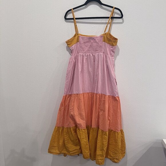 J.Crew Reimagined Tiered Color Block Pink Orange Midi Dress With Pockets Size 12 - Picture 9 of 11